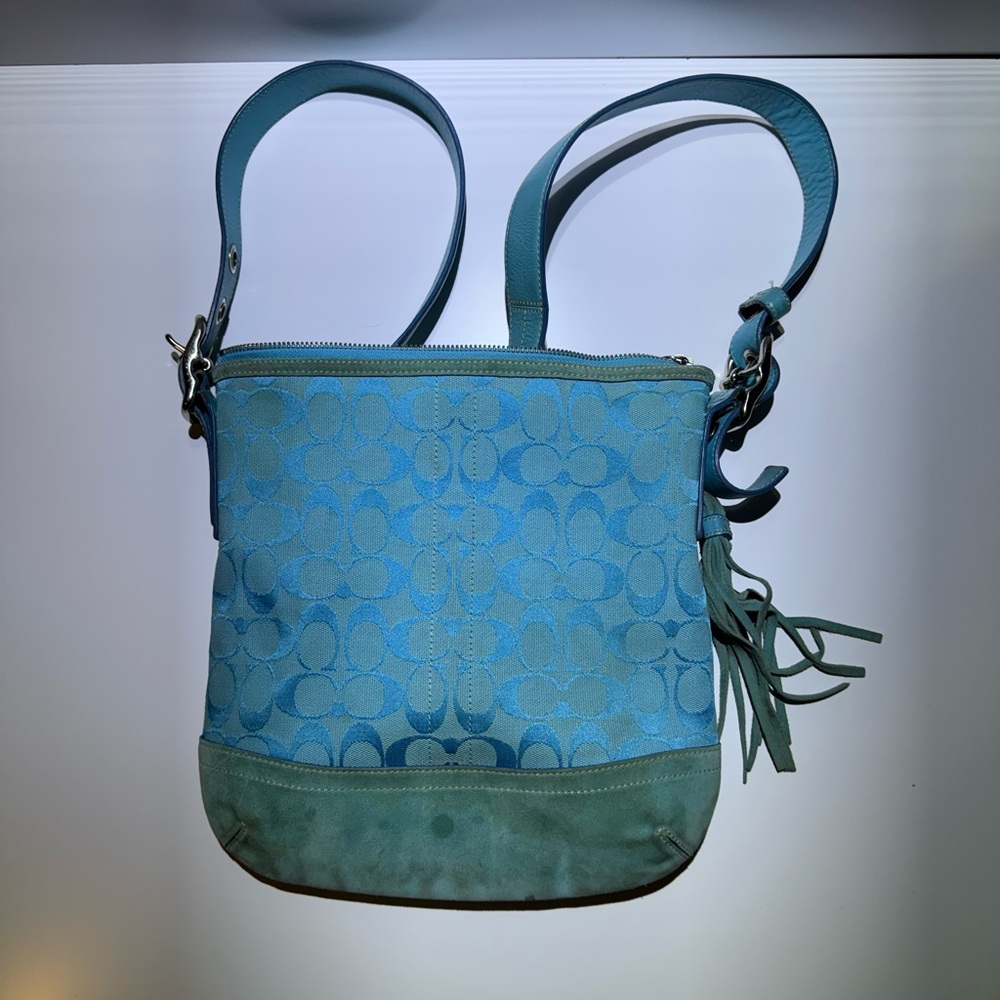 Coach Blue Geometric Shoulder Bag with Tassel Details